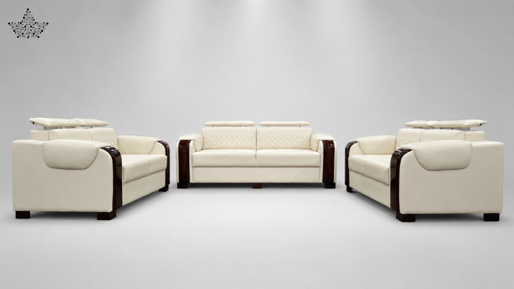 Three-piece modern leather sofa set with cream-colored upholstery and dark brown wooden armrests, arranged on a light gray studio background.