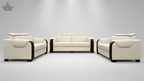 Three-piece modern leather sofa set with cream-colored upholstery and dark brown wooden armrests, arranged on a light gray studio background.