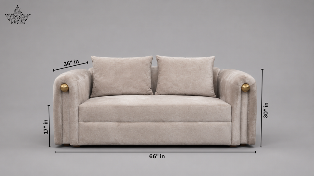 A light beige upholstered loveseat with two matching back cushions, shown on a gray background with dimension callouts indicating 66 in width, 30 in height, 36 in arm depth, and 17 in front depth.