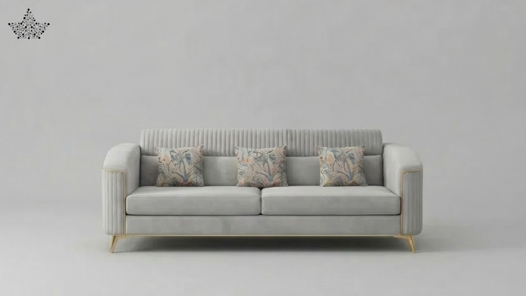 Gray sofa with decorative pillows on a light gray background