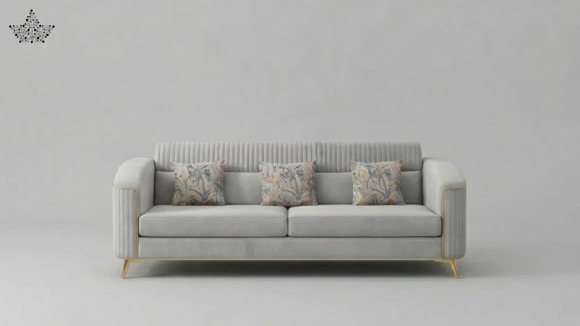 Gray sofa with decorative pillows on a light gray background
