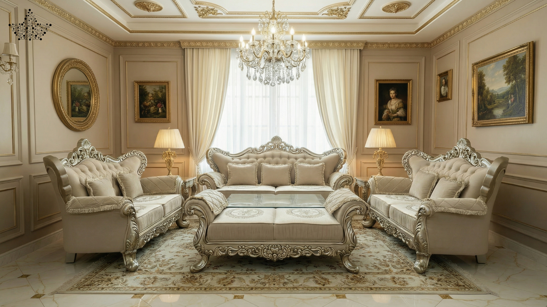 Luxurious living room with ornate furniture and decorative elements.