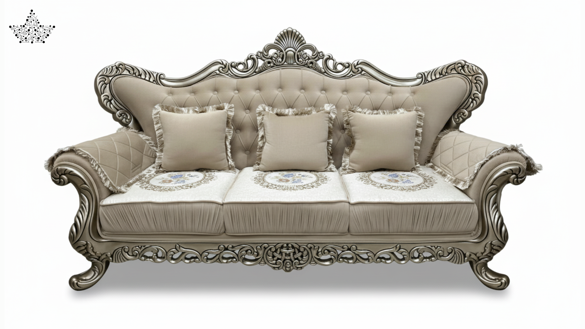 Decorative sofa with intricate carvings and ornate design on a white background