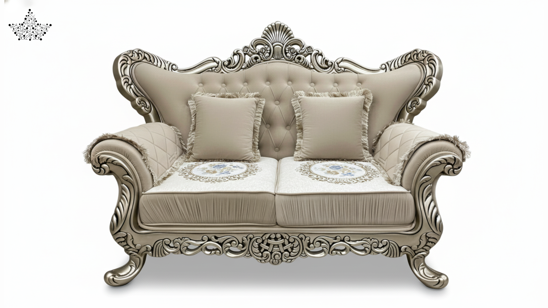 Decorative sofa with intricate carvings on a white background