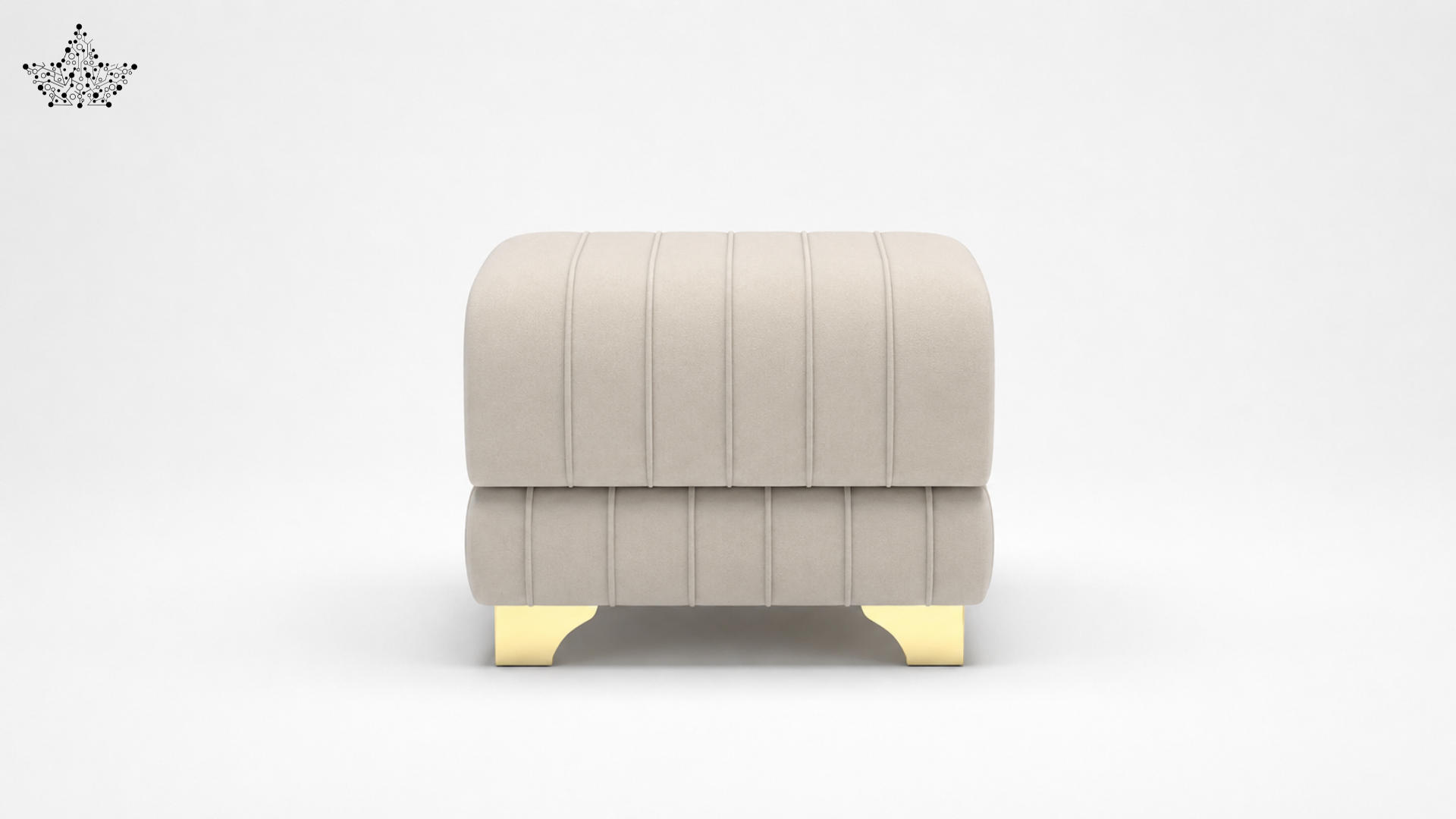 Beige quilted ottoman with gold accents on a white background