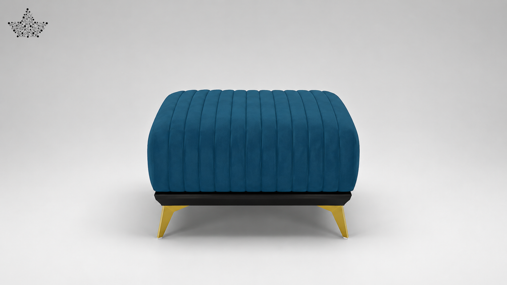 Blue ottoman with yellow legs on a white background