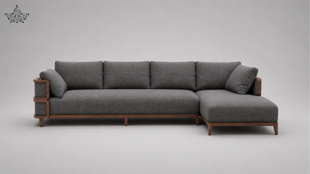 Gray sectional sofa with wooden frame on a light gray background