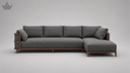 Gray sectional sofa with wooden frame on a light gray background