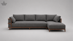 Gray sectional sofa with wooden frame on a light gray background