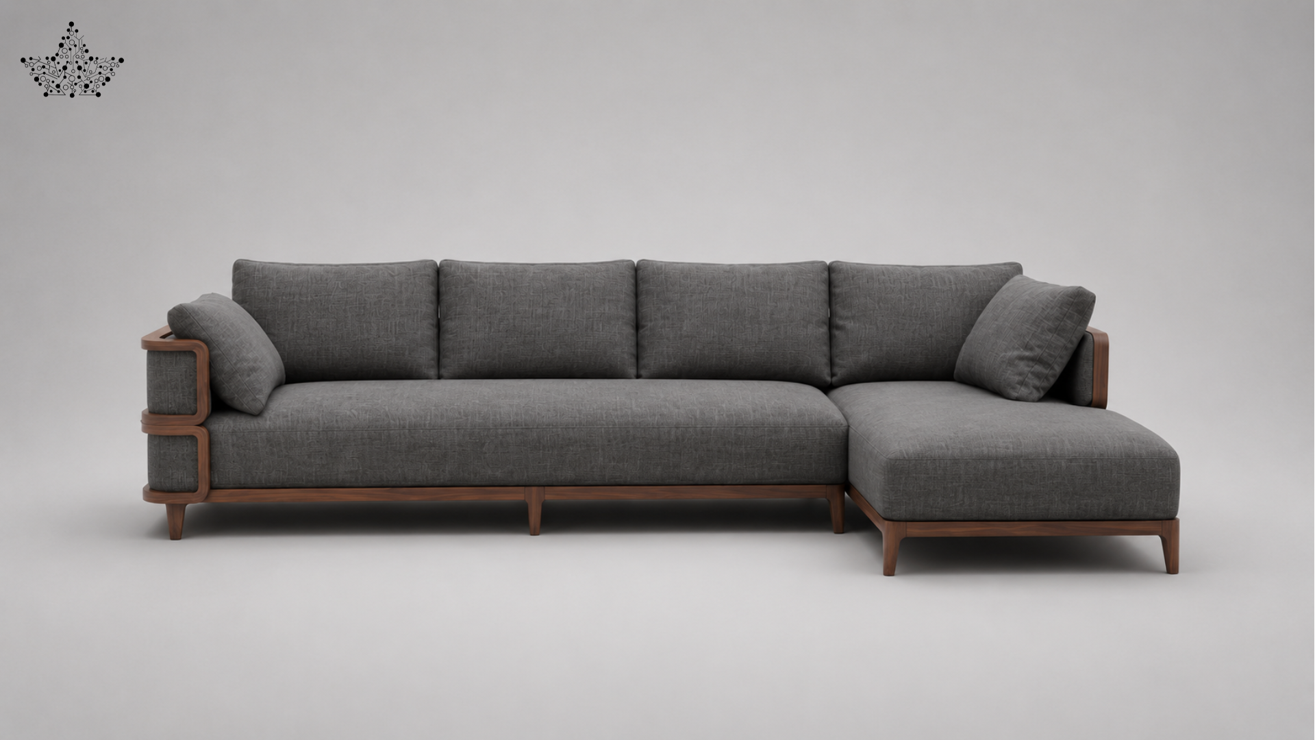 Gray sectional sofa with wooden frame on a light gray background