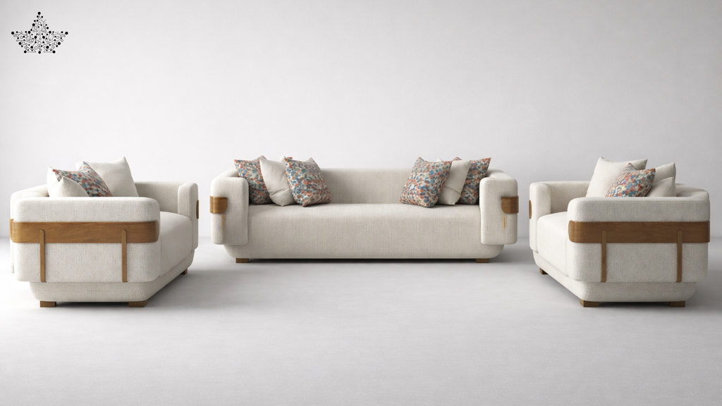 Modern beige sofa set with wooden armrests on a plain background