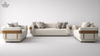Modern beige sofa set with wooden armrests on a plain background
