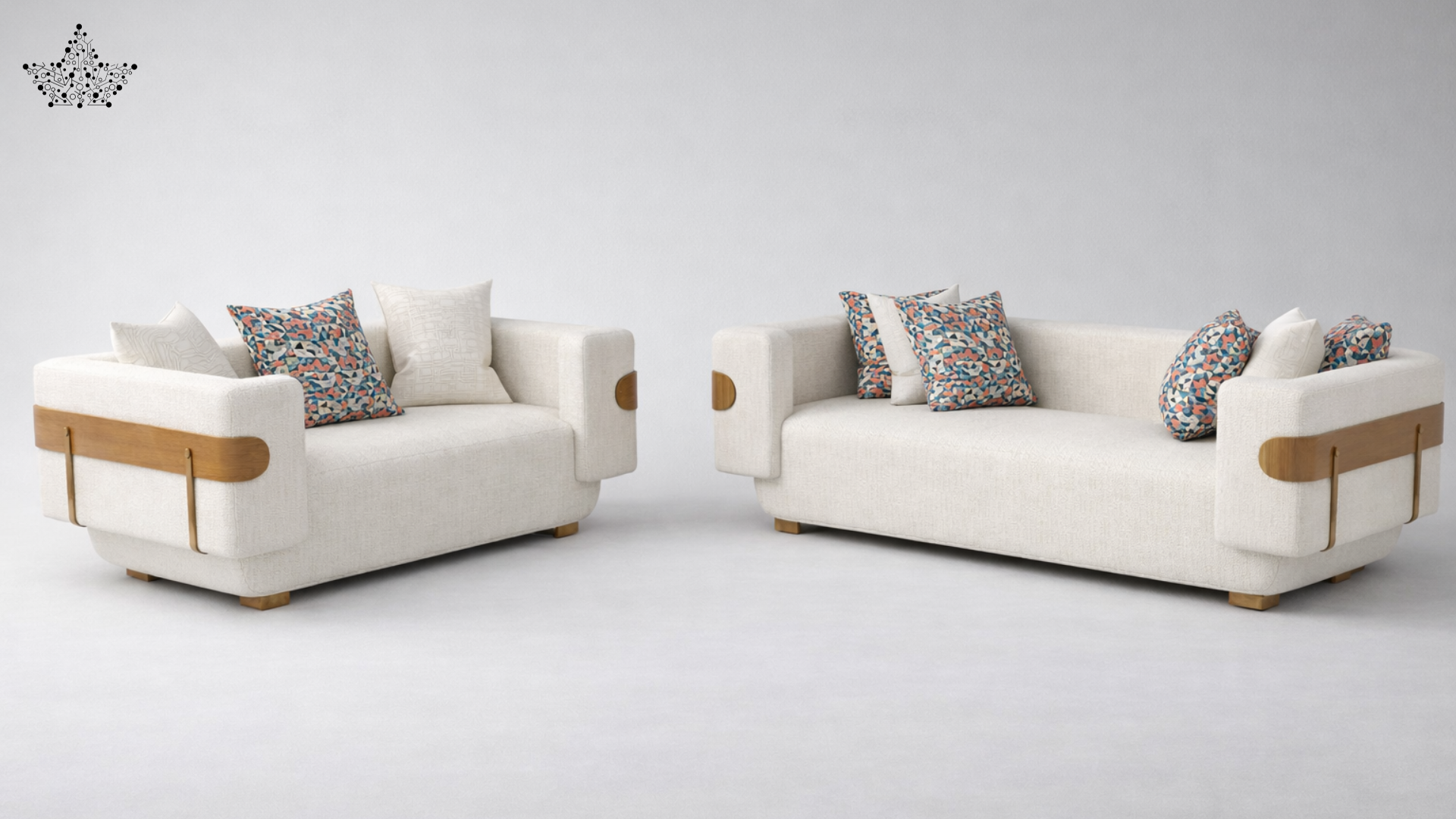 Two white sofas with wooden armrests and patterned cushions on a gray background