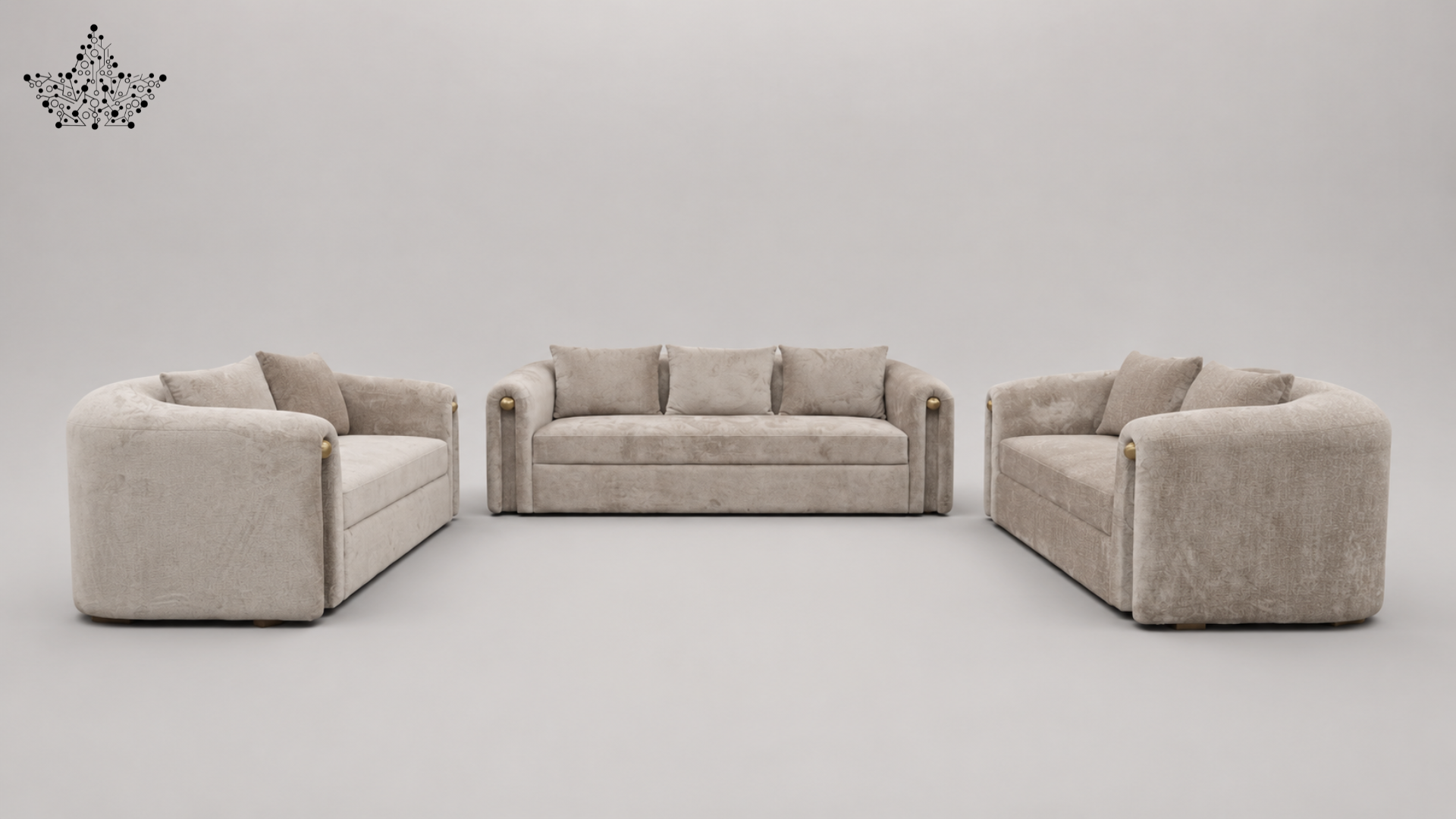 A three-piece upholstered sofa set in a light beige textured fabric, featuring a central three-seat sofa flanked by two matching two-seat armchairs, set against a neutral light gray studio background.