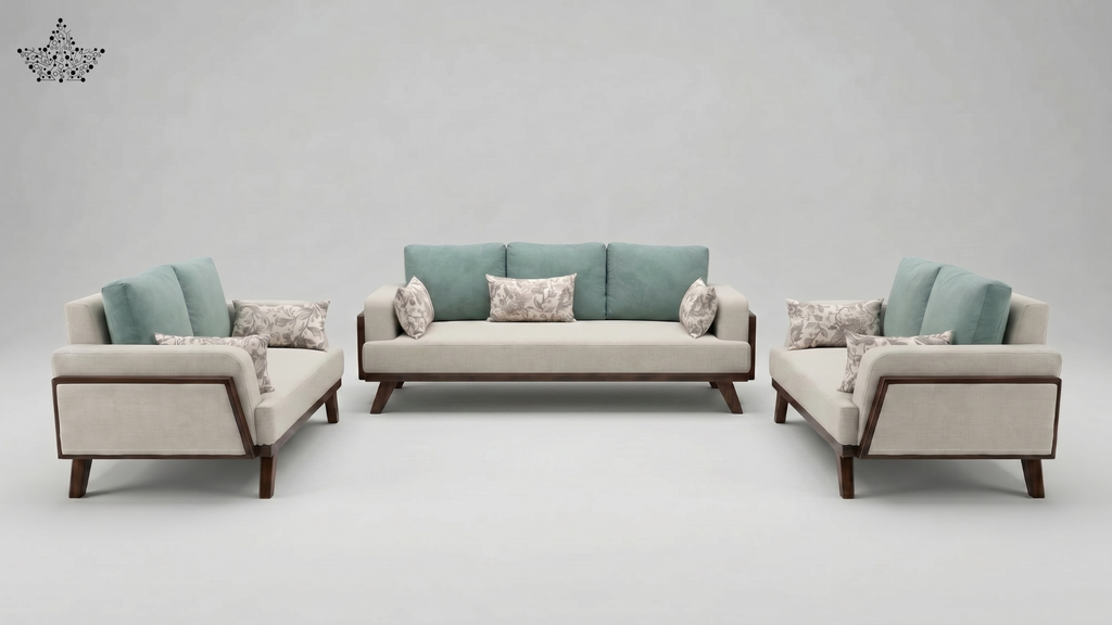 Modern sofa set with light gray and teal cushions on a plain background