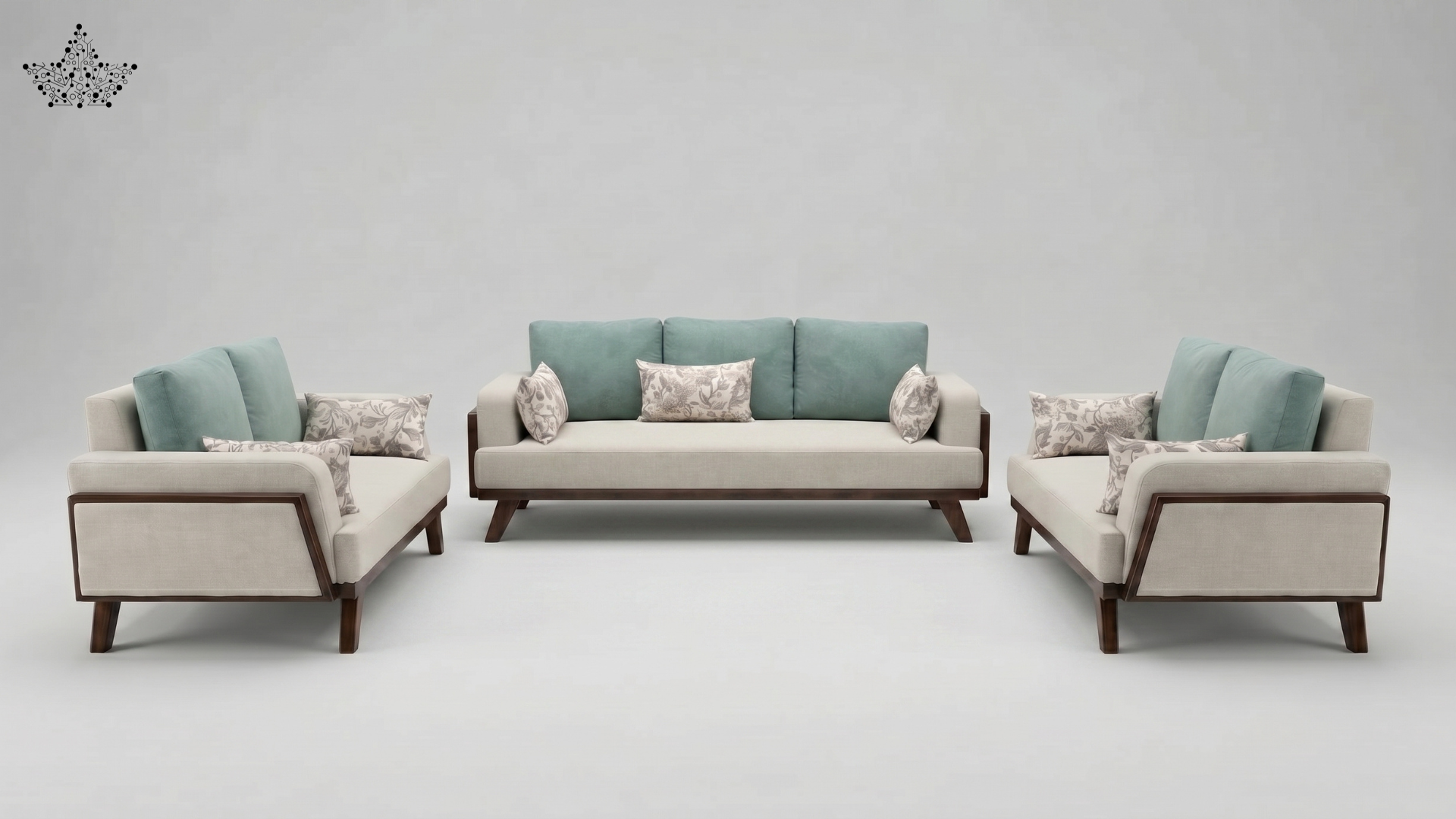 Modern sofa set with light gray and teal cushions on a plain background