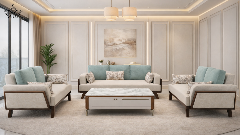 Modern living room with beige sofas, blue cushions, and a coffee table.