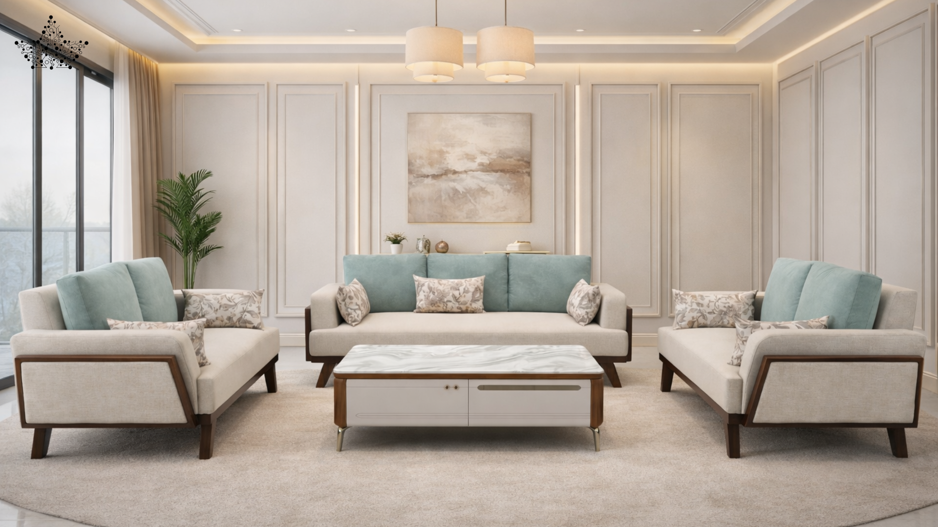 Modern living room with beige sofas, blue cushions, and a coffee table.