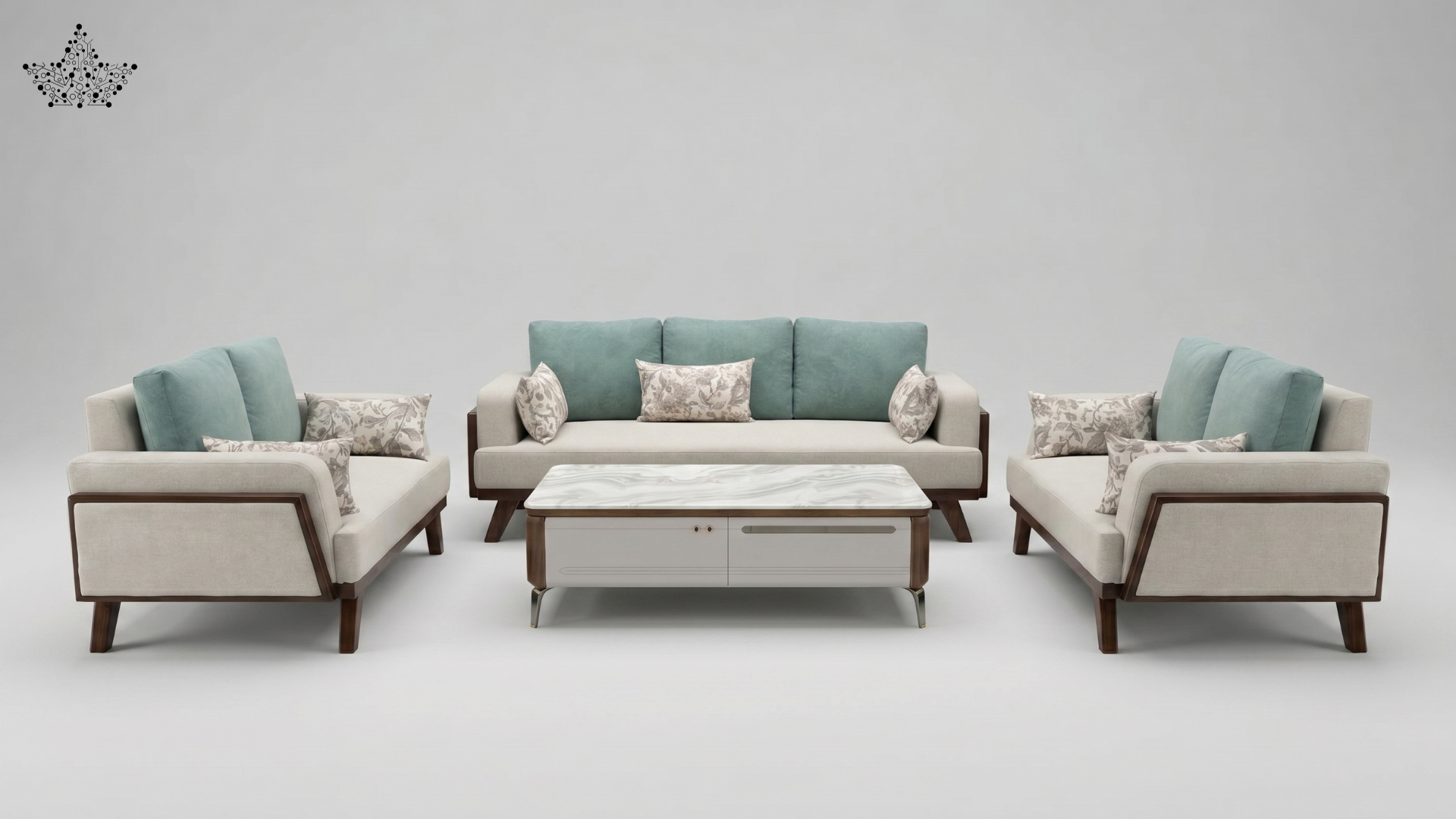 Modern outdoor furniture set with sofas and a coffee table on a gray background