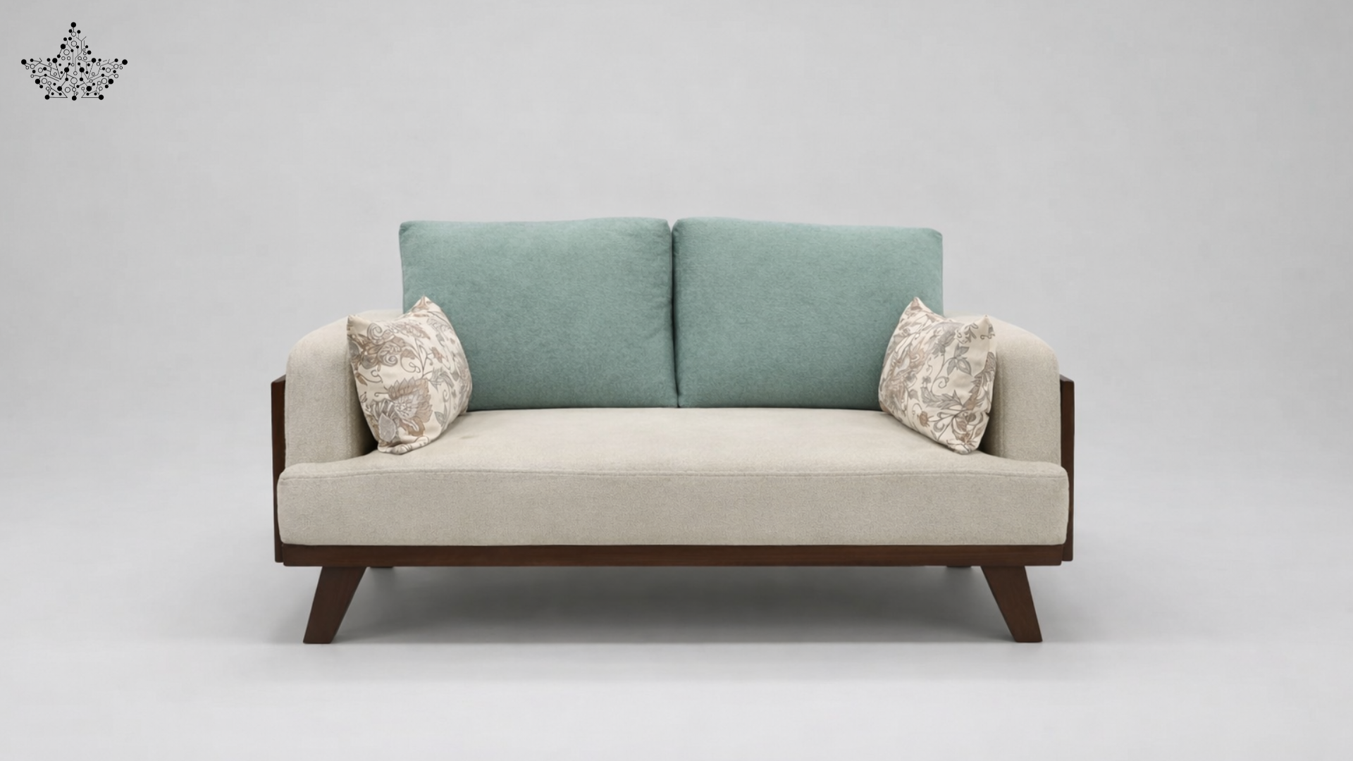 Two-toned sofa with light green backrest and beige seat on a white background
