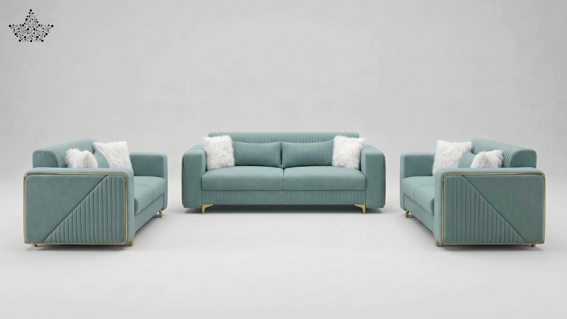 Set of three light blue sofas with white cushions on a gray background