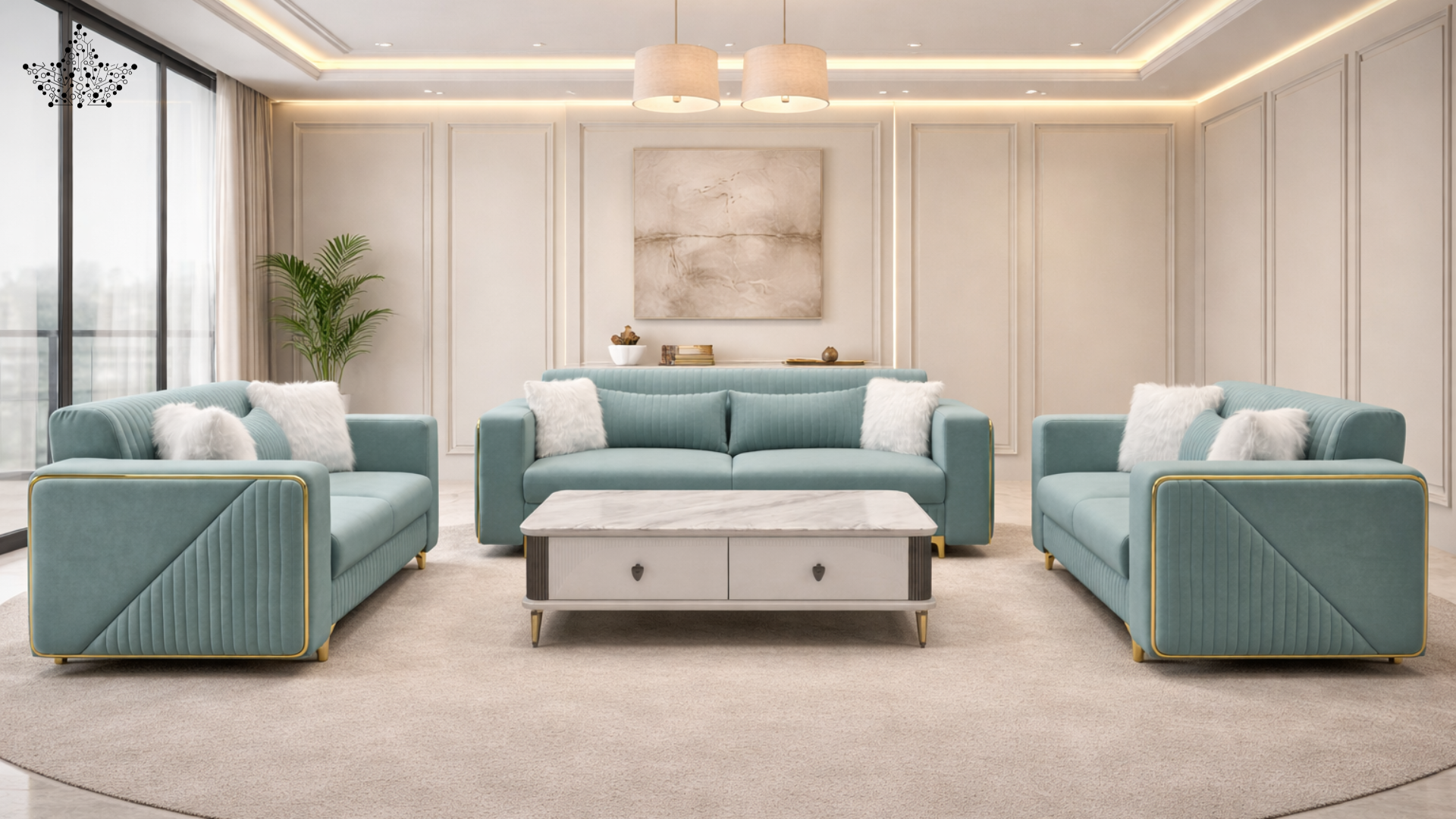 Modern living room with light blue sofa set and white coffee table.