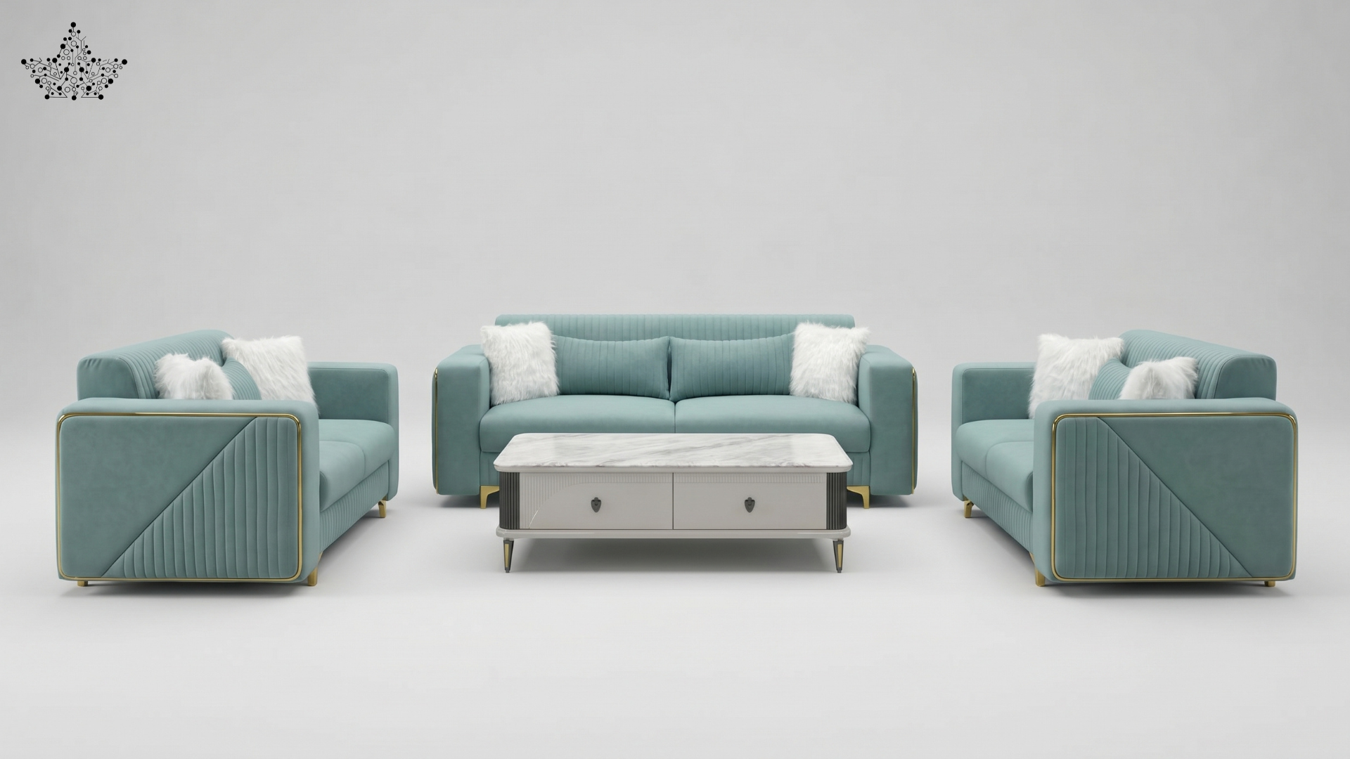 Teal sofa set with white cushions on a gray background