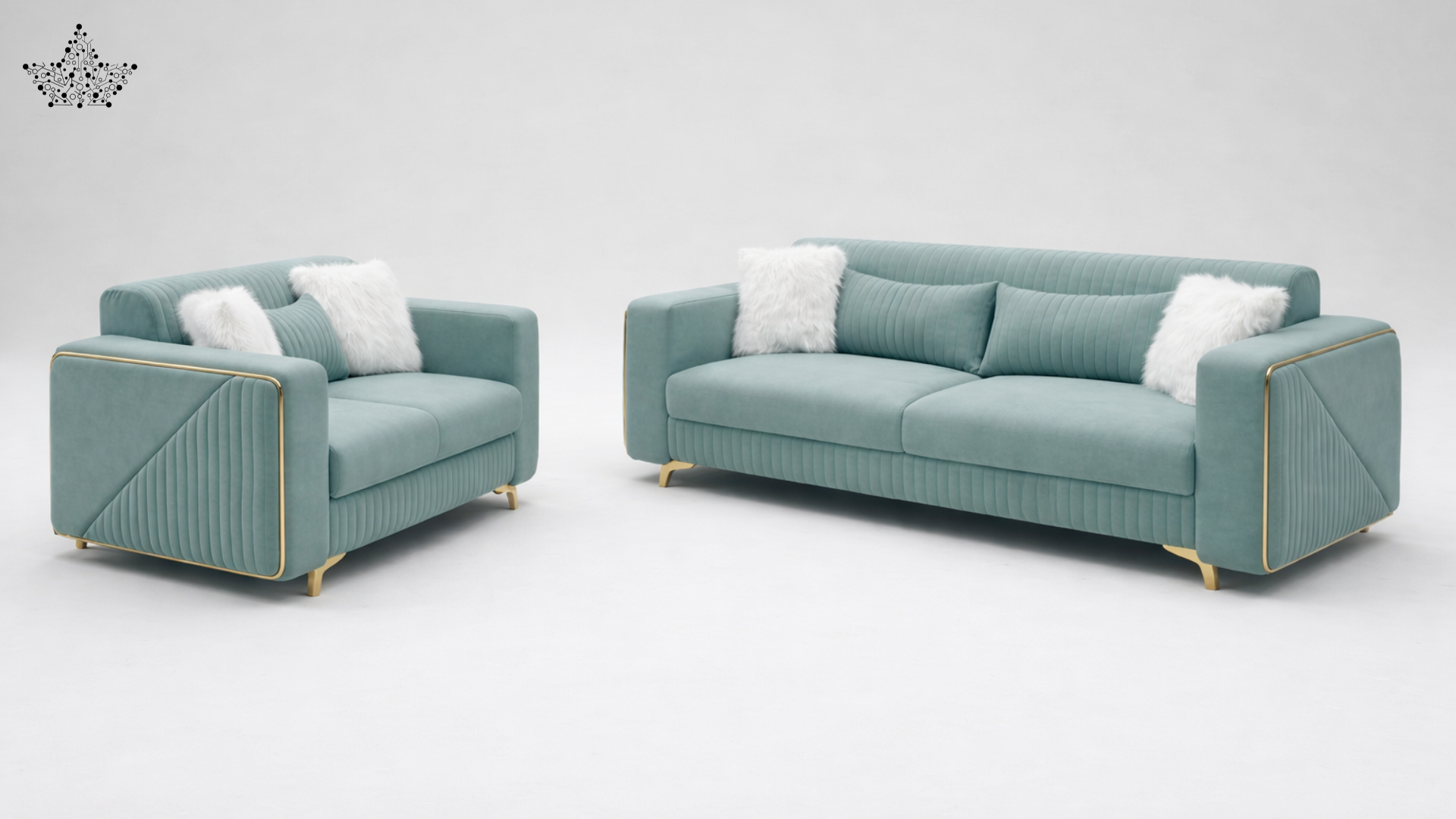 Teal sofa set with white cushions on a light gray background