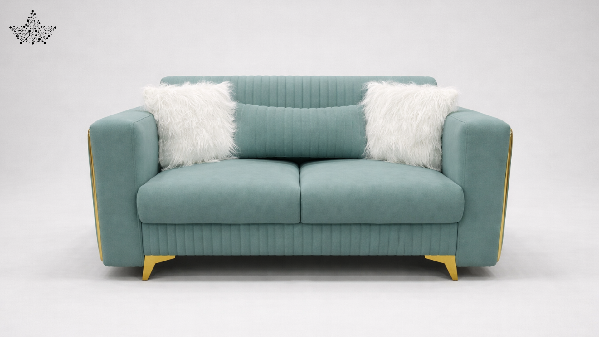Teal sofa with white cushions on a light gray background