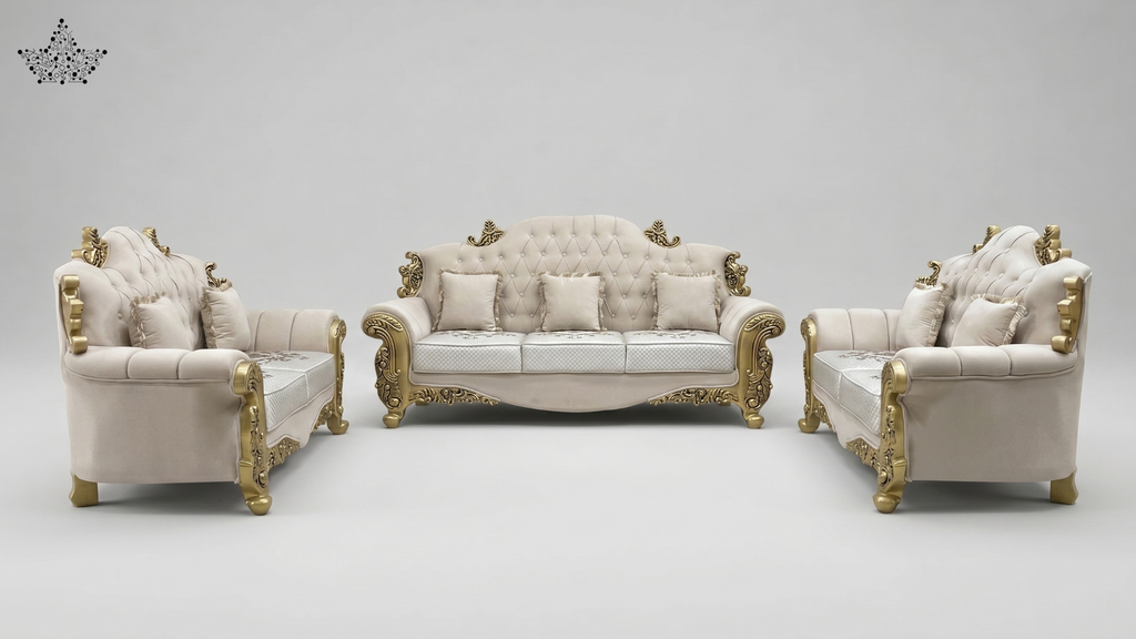 Luxurious white sofa set with gold accents on a gray background