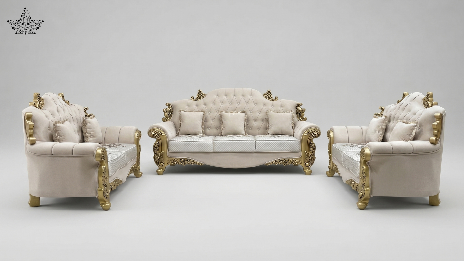 Luxurious white sofa set with gold accents on a gray background
