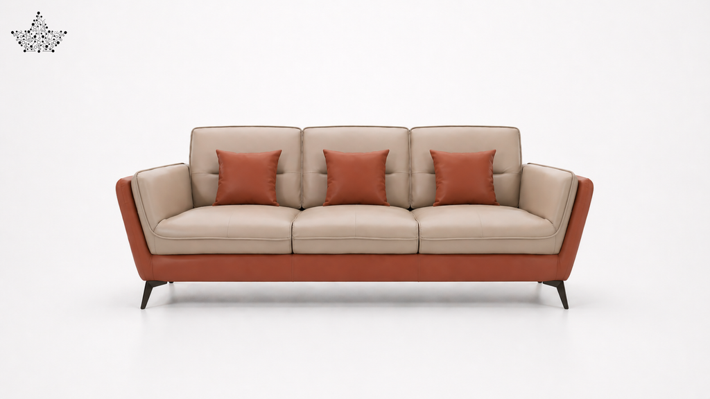 Beige and red sofa with three matching red cushions on a white background
