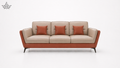 Beige and red sofa with three matching red cushions on a white background