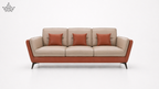 Beige and red sofa with three matching red cushions on a white background