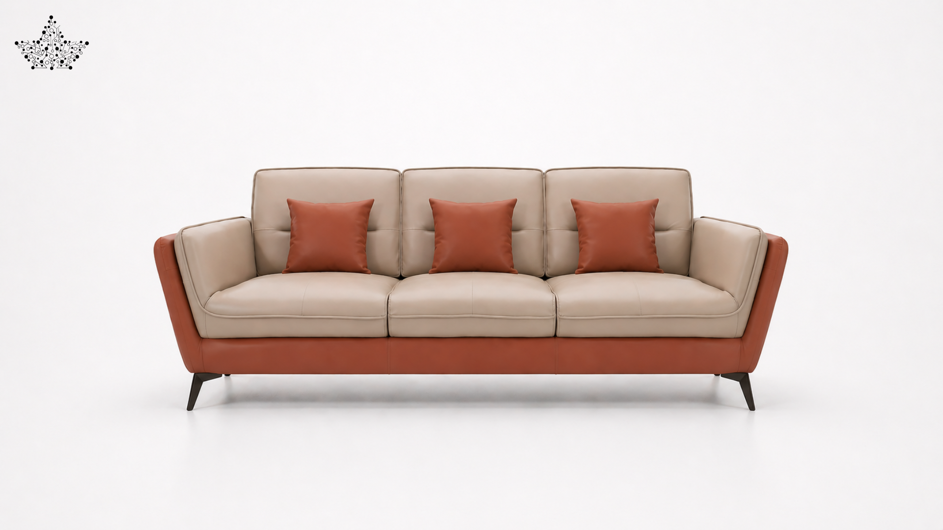 Beige and red sofa with three matching red cushions on a white background
