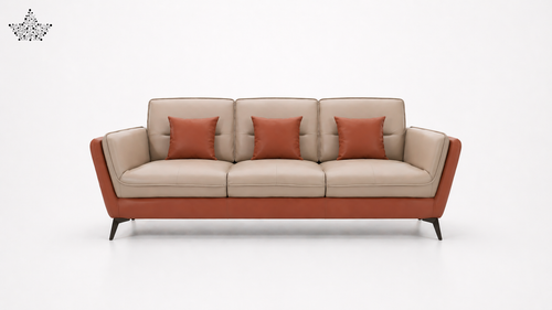 Beige and red sofa with three matching red cushions on a white background
