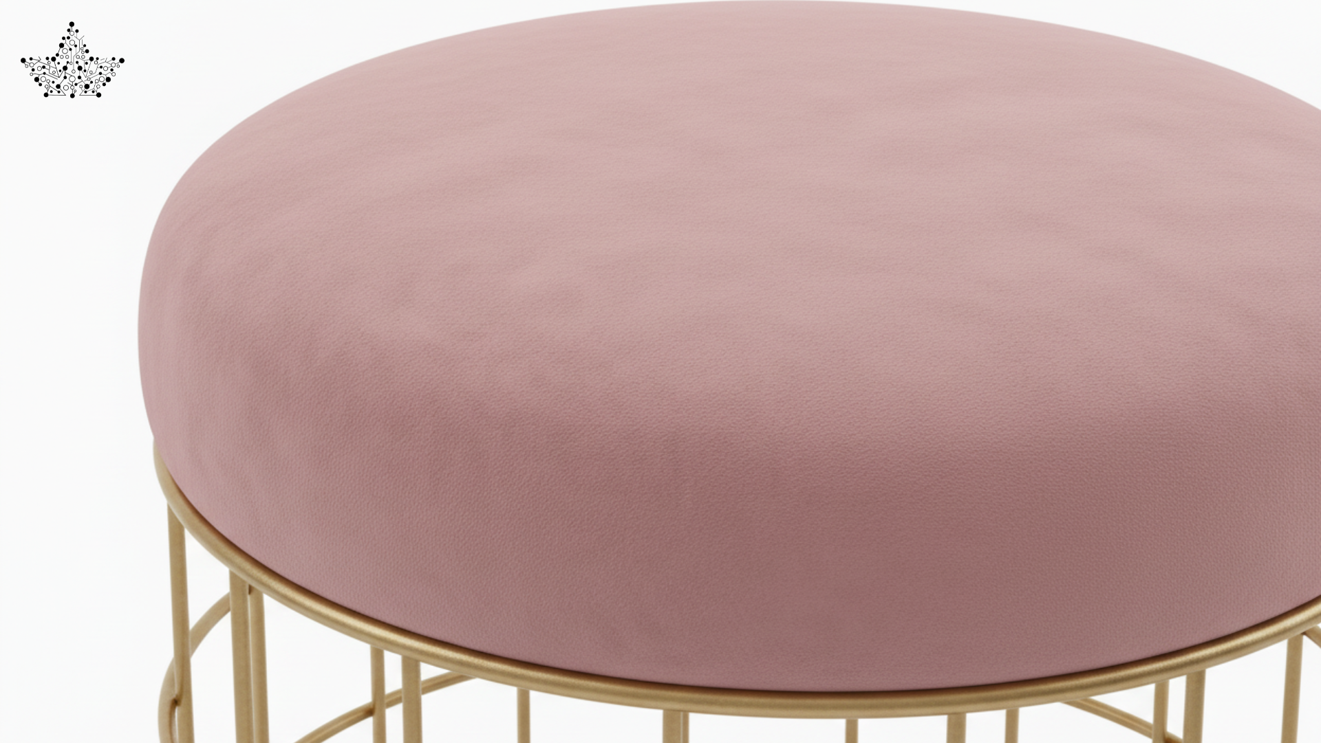 Round pink ottoman with gold metal frame on a white background