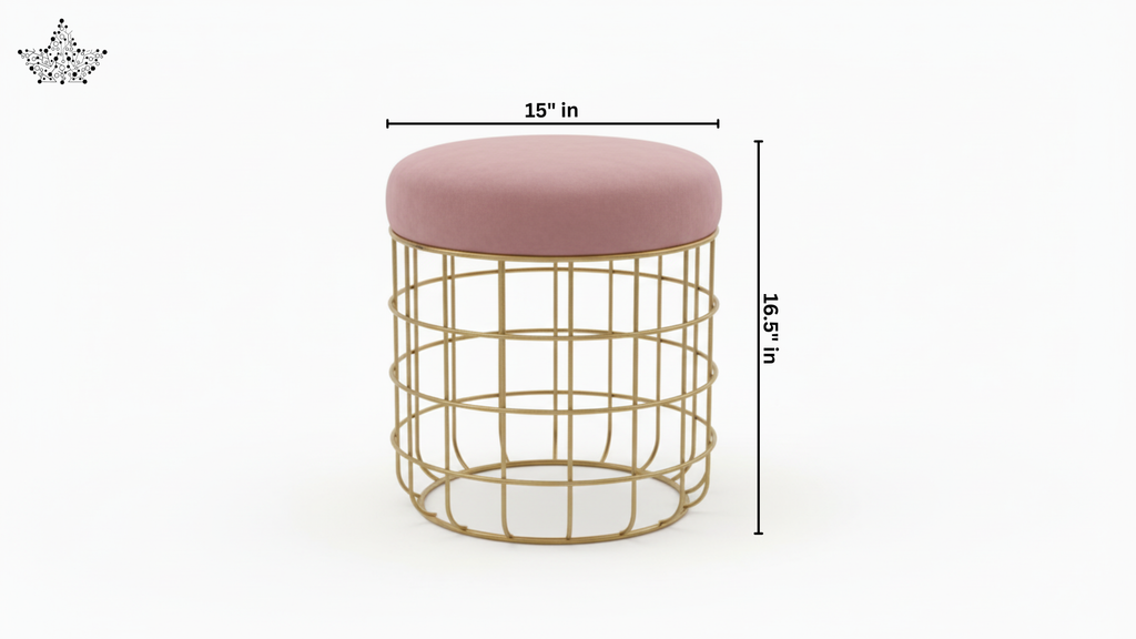 Pink cushioned stool with gold wire frame and measurements on a white background