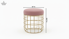 Pink cushioned stool with gold wire frame and measurements on a white background