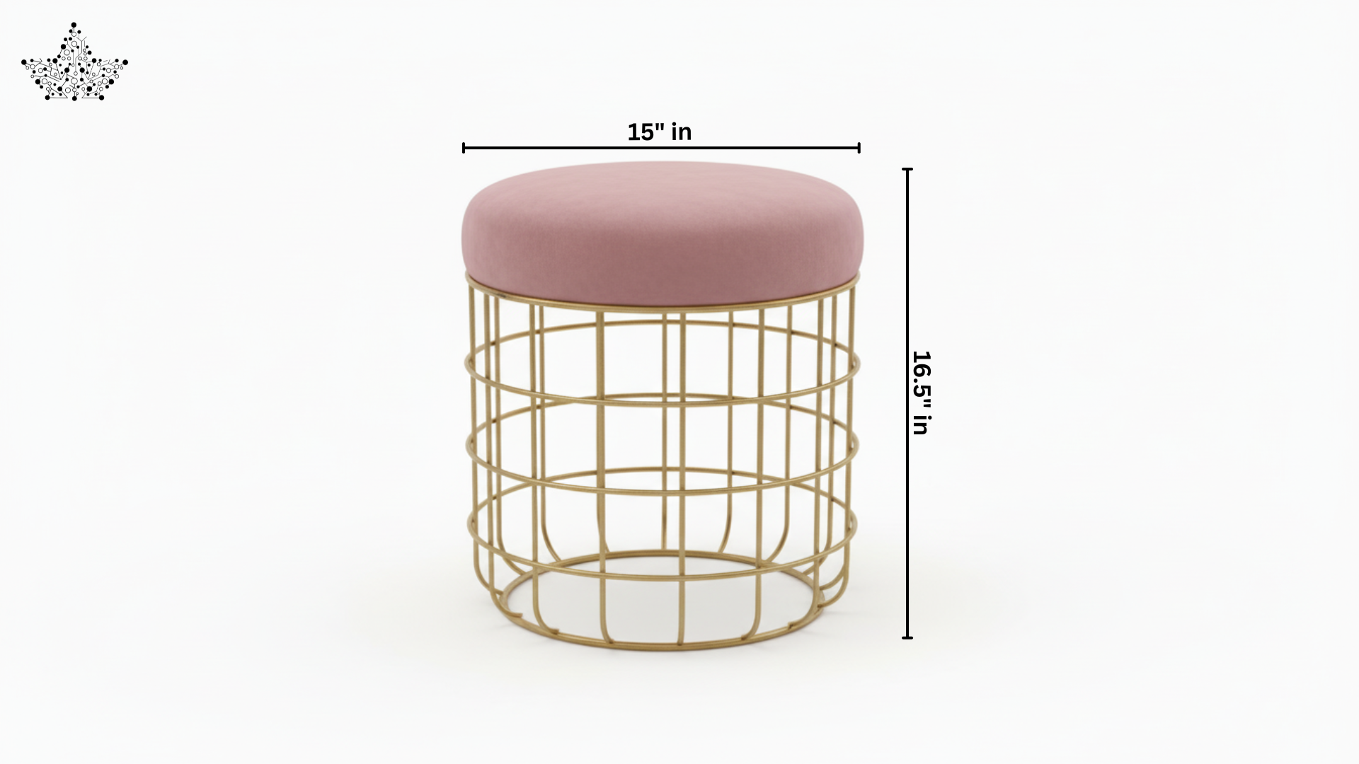 Pink cushioned stool with gold wire frame and measurements on a white background