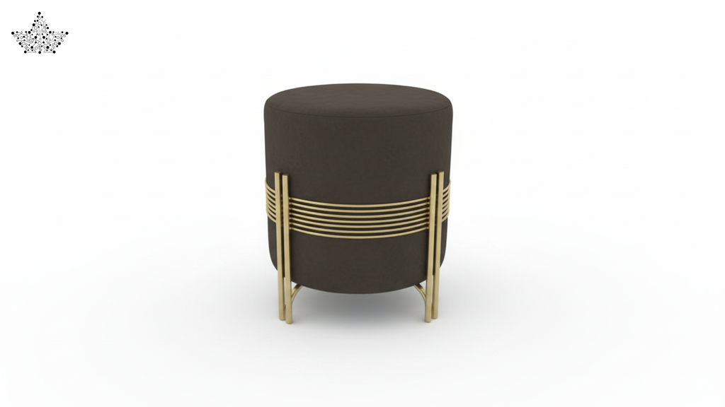Brown ottoman with gold accents on a white background