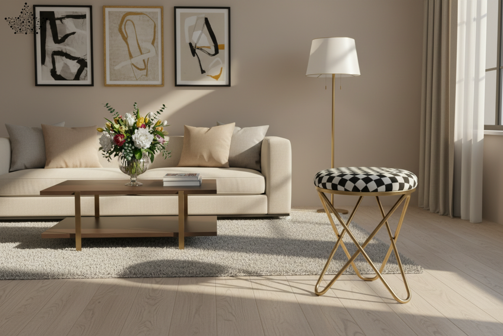Small stool with a black and white checkered cushion on a wooden floor.
