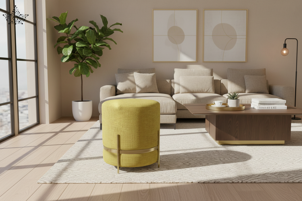 Yellow ottoman with gold accents on a light background