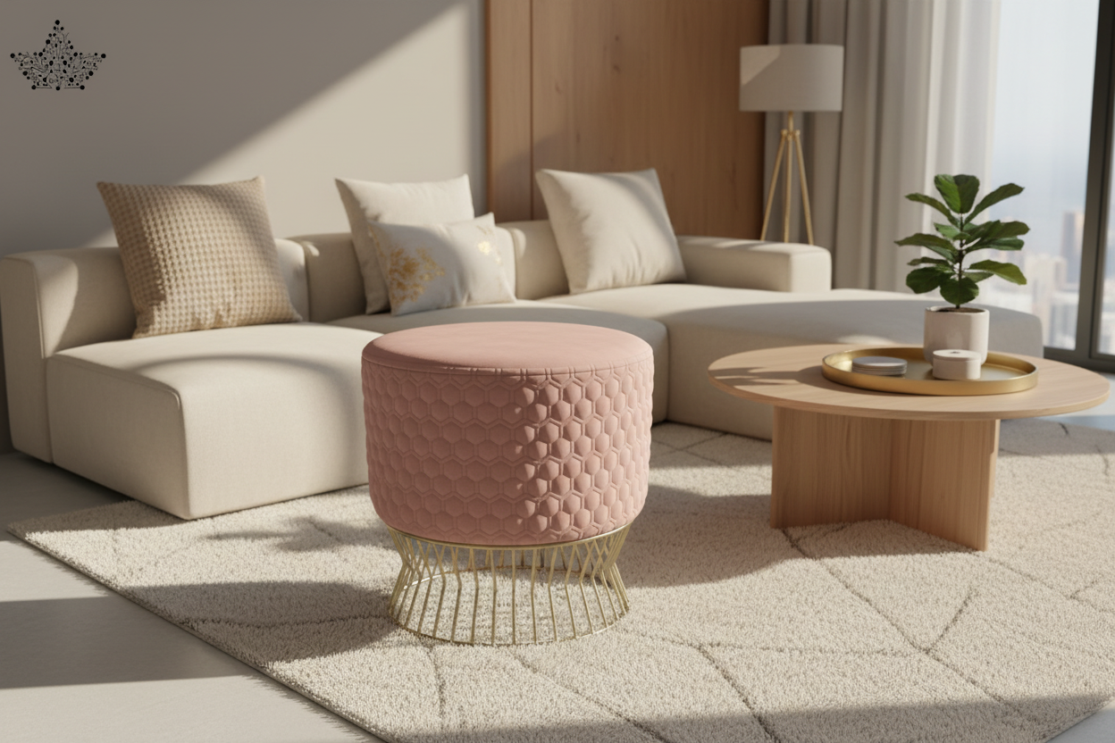 Pink textured stool with gold wire base on a light surface with a beige background