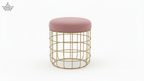 Stool with pink cushioned top and gold wire frame on a white background