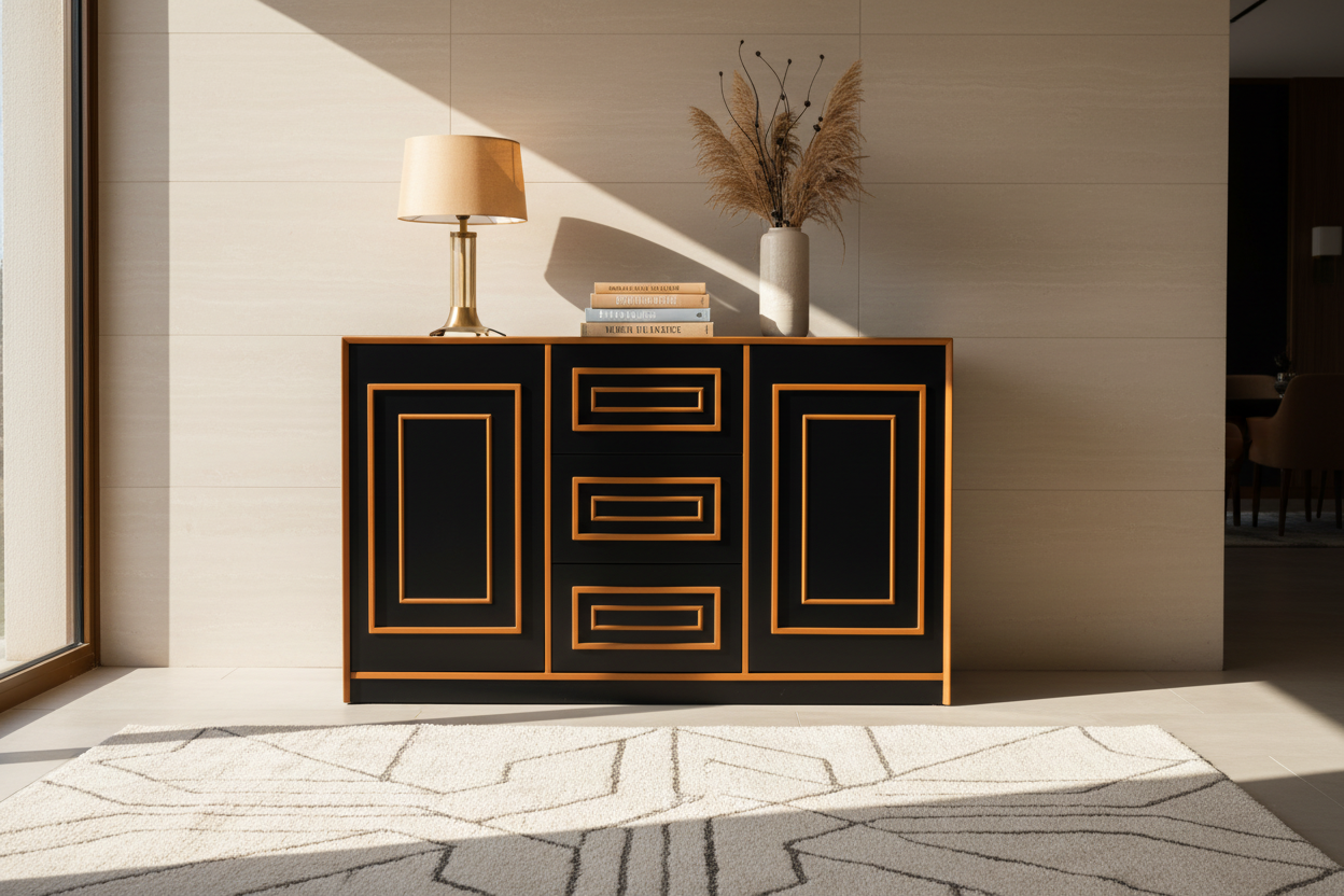 Black cabinet with gold trim on a white background