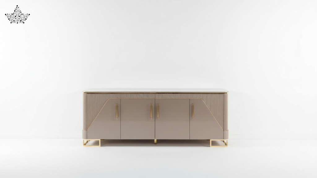 Modern beige sideboard with gold accents on a white background