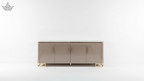 Modern beige sideboard with gold accents on a white background