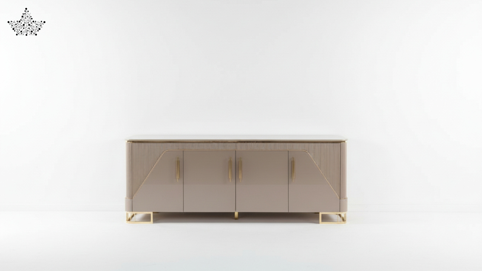 Modern beige sideboard with gold accents on a white background