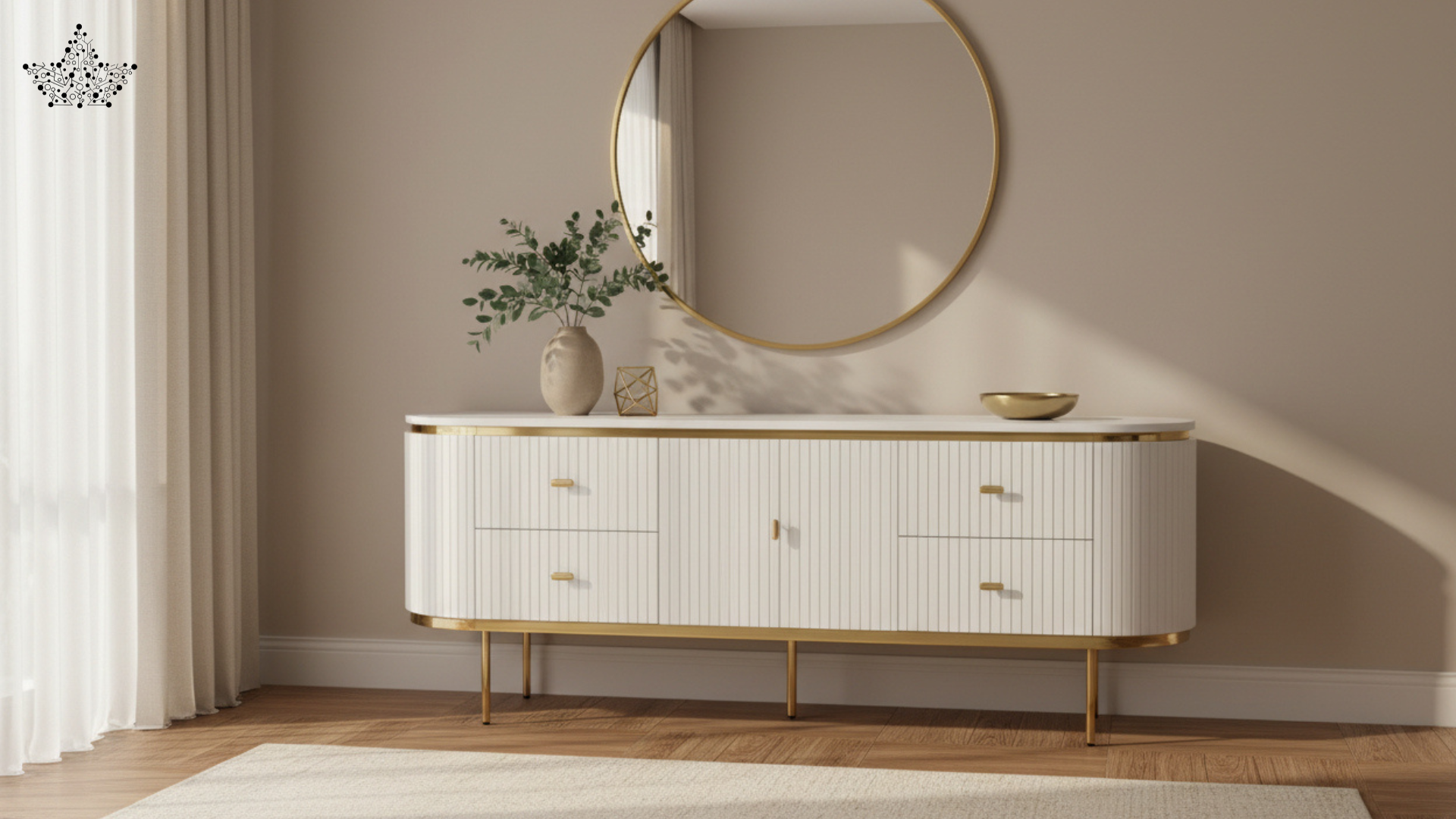Luxe Fluted TV Unit - White & Gold (6.5 ft.)